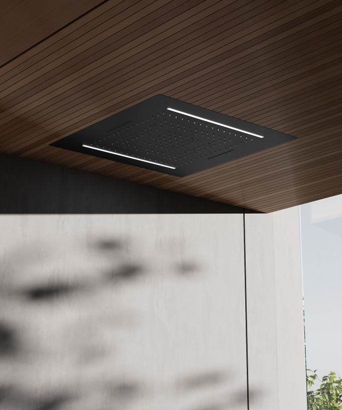 Thermostatisches Duschsystem, LED Regenduschkopf multifunktional 70x70 cm – Schwarz