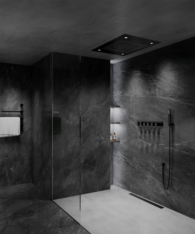 Thermostatische Duschkombination mit LED-Regenhimmel & Chromotherapie - 80 x 60 cm - Schwarz