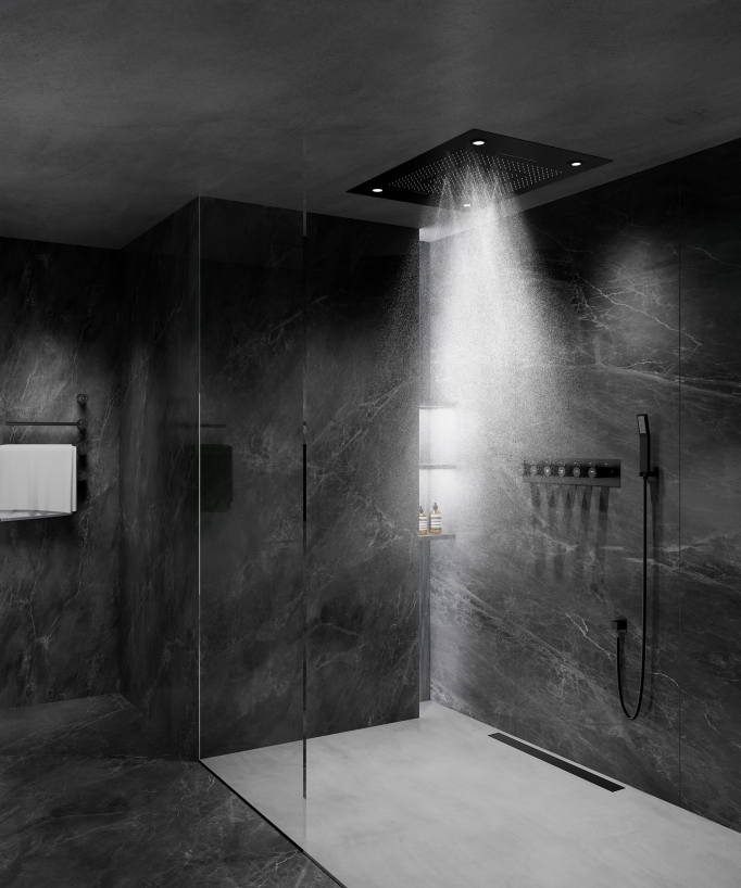 Thermostatische Duschkombination mit LED-Regenhimmel & Chromotherapie - 80 x 60 cm - Schwarz