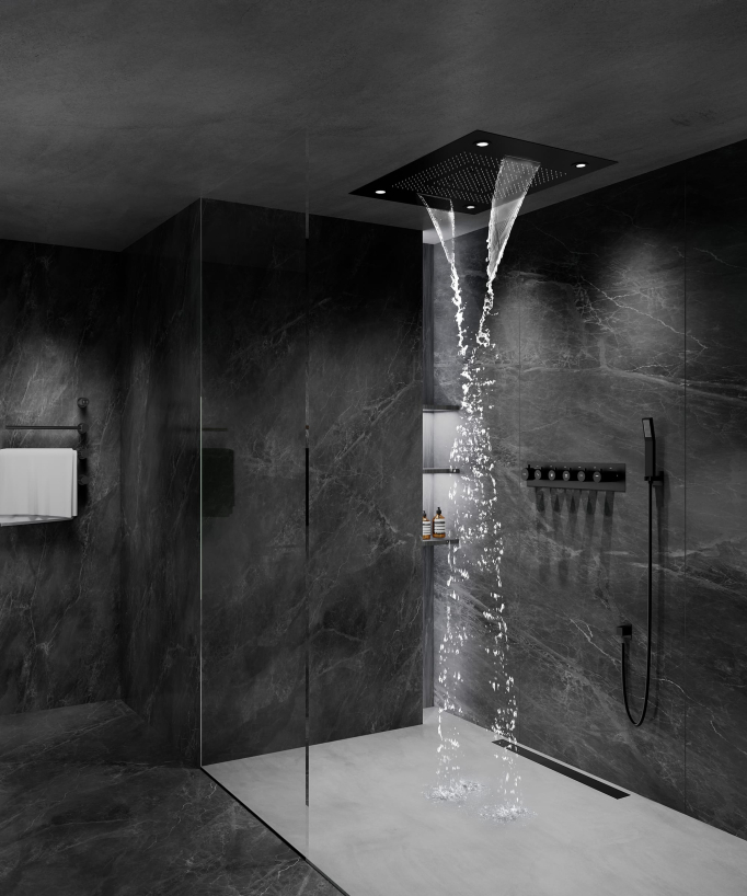 Thermostatische Duschkombination mit LED-Regenhimmel & Chromotherapie - 80 x 60 cm - Schwarz