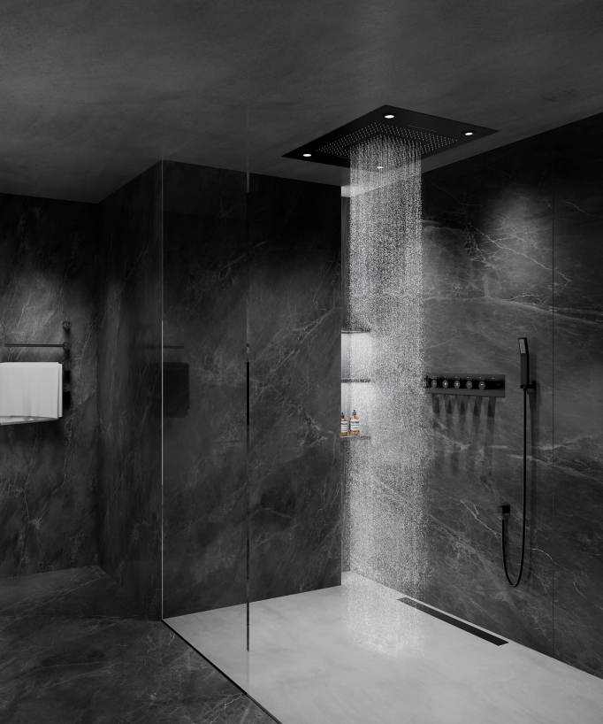 Thermostatische Duschkombination mit LED-Regenhimmel & Chromotherapie - 80 x 60 cm - Schwarz