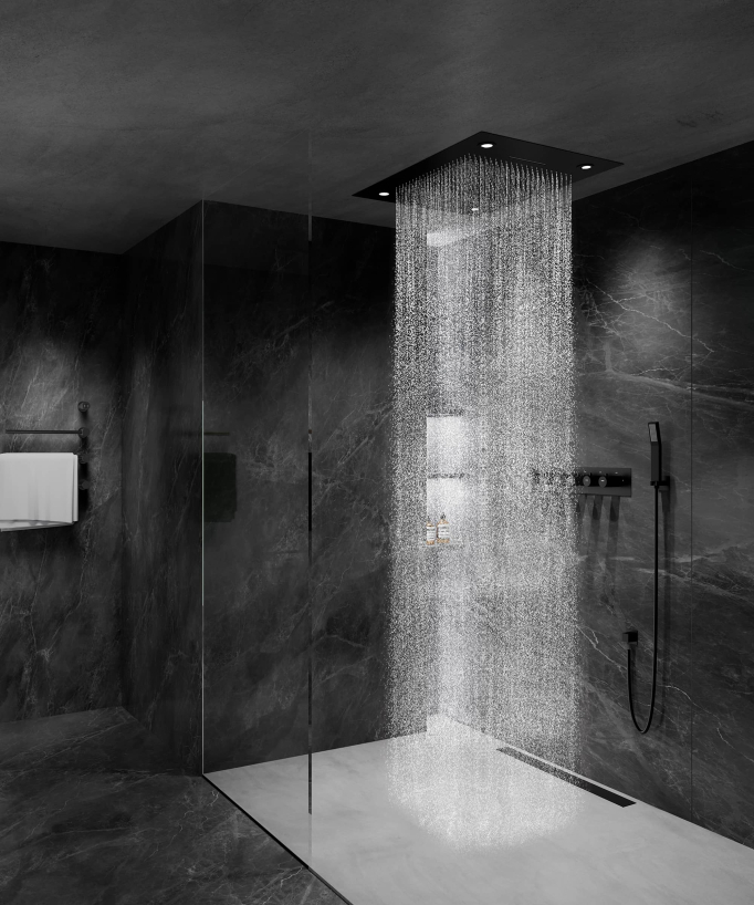 Thermostatische Duschkombination mit LED-Regenhimmel & Chromotherapie - 80 x 60 cm - Schwarz