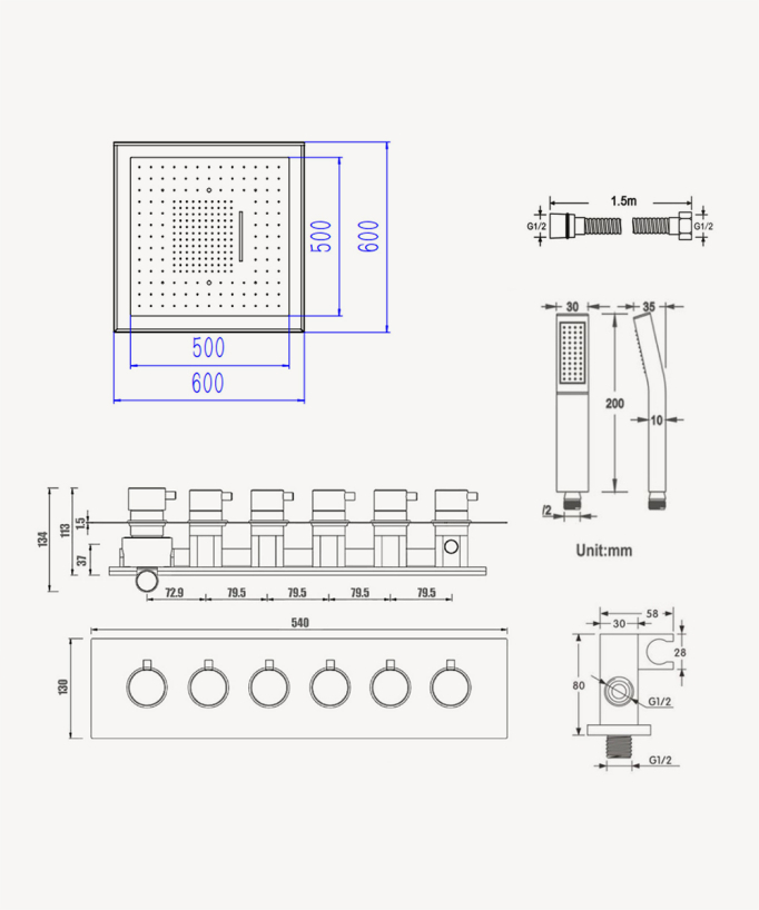 Sirius Duschsystem Unterputz mit LED-Chromotherapie – Thermostatarmatur