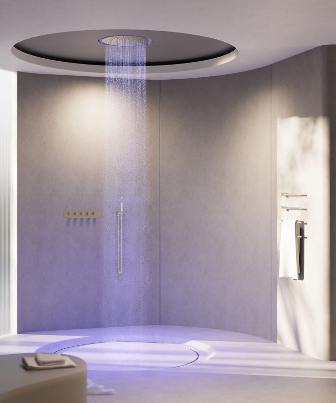 Duschset mit LED-Thermostat-Unterputzmischer Wellness, gebürstetes Gold – Corbeau