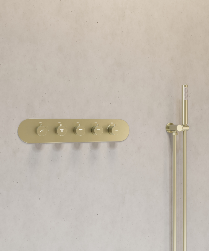 Duschset mit LED-Thermostat-Unterputzmischer Wellness, gebürstetes Gold – Corbeau