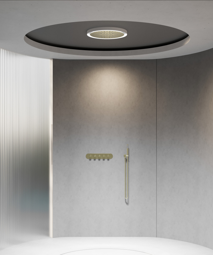 Duschset mit LED-Thermostat-Unterputzmischer Wellness, gebürstetes Gold – Corbeau
