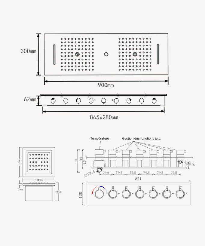 Modernes Thermostat-Duschsystem – LED-Regenhimmel 900x300 mm, 3 Körperdüsen