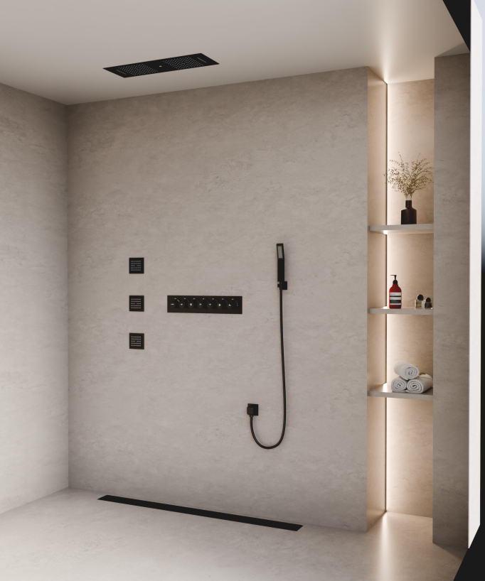 Moderne Thermostat-Duschsystem Schwarz – LED-Regenhimmel 900 x 300 mm, 3 Körperdüsen