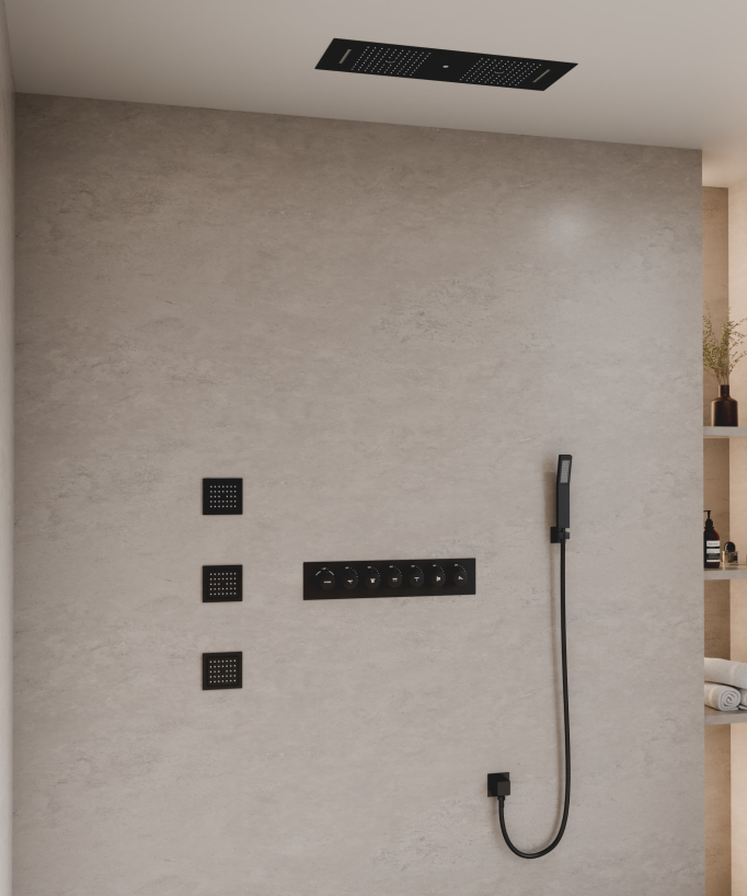 Moderne Thermostat-Duschsystem Schwarz – LED-Regenhimmel 900 x 300 mm, 3 Körperdüsen