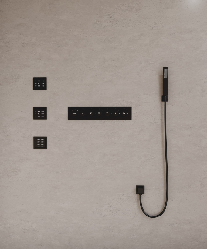 Moderne Thermostat-Duschsystem Schwarz – LED-Regenhimmel 900 x 300 mm, 3 Körperdüsen