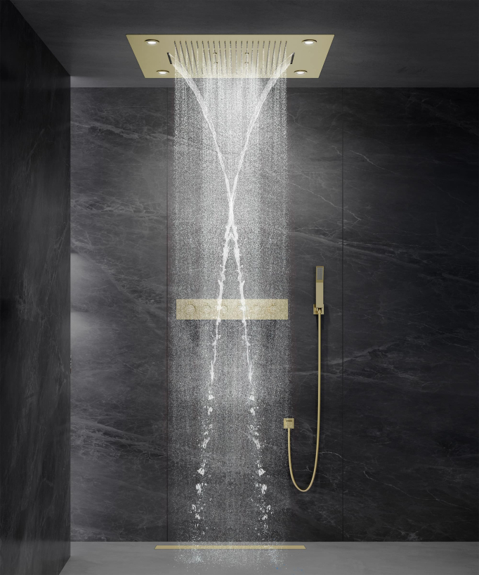 Thermostatische Duschsystem-Komposition mit LED-Regenhimmel und Chromotherapie – 80x60 cm – Gebürstetes Gold