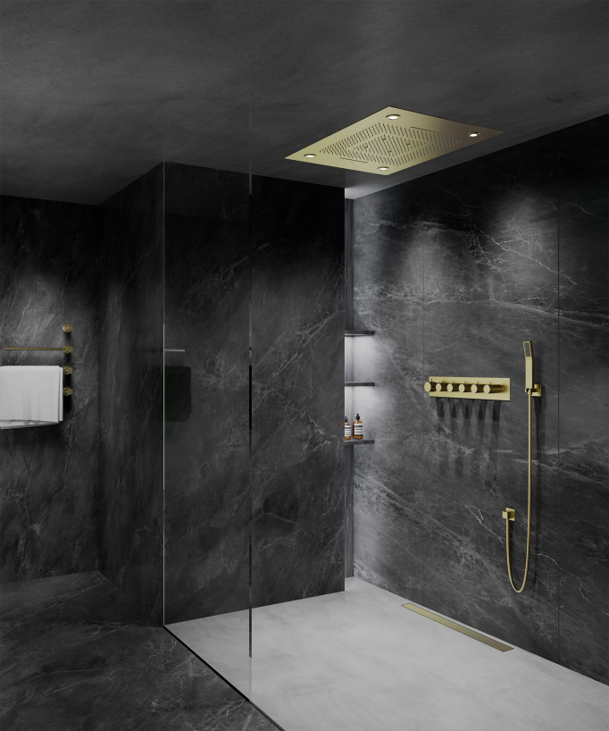 Thermostatische Duschsystem-Komposition mit LED-Regenhimmel und Chromotherapie – 80x60 cm – Gebürstetes Gold