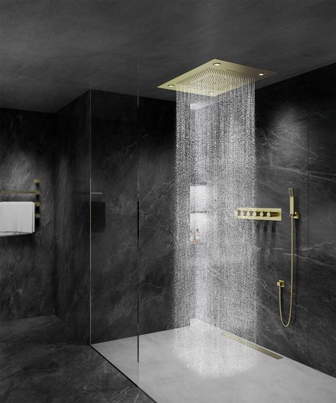 Thermostatische Duschsystem-Komposition mit LED-Regenhimmel und Chromotherapie – 80x60 cm – Gebürstetes Gold