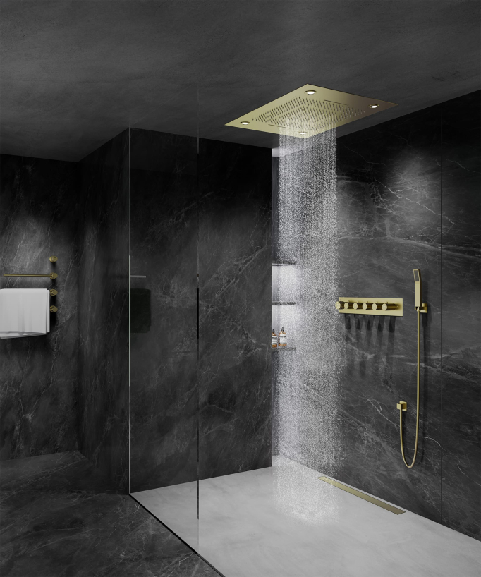 Thermostatische Duschsystem-Komposition mit LED-Regenhimmel und Chromotherapie – 80x60 cm – Gebürstetes Gold