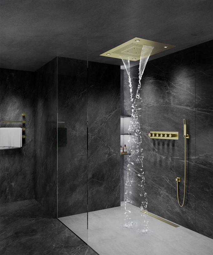 Thermostatische Duschsystem-Komposition mit LED-Regenhimmel und Chromotherapie – 80x60 cm – Gebürstetes Gold