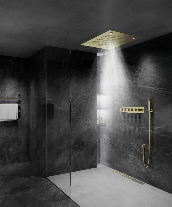 Thermostatische Duschsystem-Komposition mit LED-Regenhimmel und Chromotherapie – 80x60 cm – Gebürstetes Gold