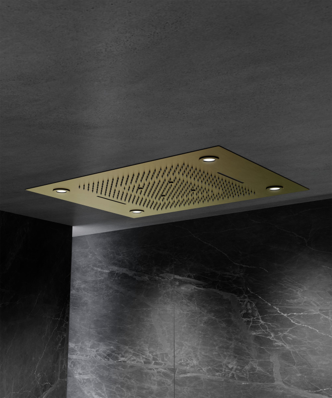 Thermostatische Duschsystem-Komposition mit LED-Regenhimmel und Chromotherapie – 80x60 cm – Gebürstetes Gold