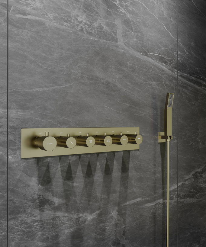 Thermostatische Duschsystem-Komposition mit LED-Regenhimmel und Chromotherapie – 80x60 cm – Gebürstetes Gold