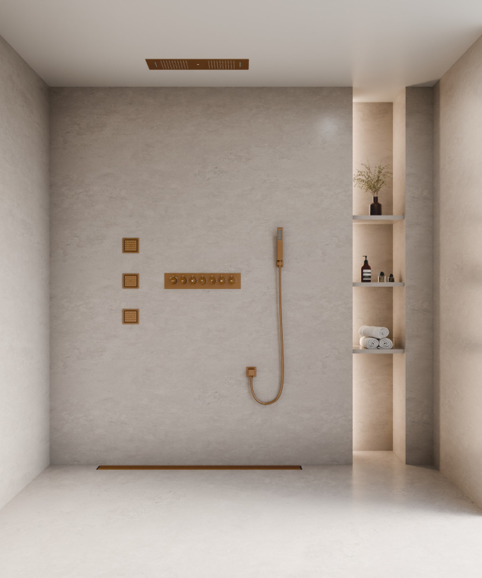 Modernes Duschsystem Thermostat Roségold gebürstet – LED Regendusche 900x300 mm, 3 Körperdüsen
