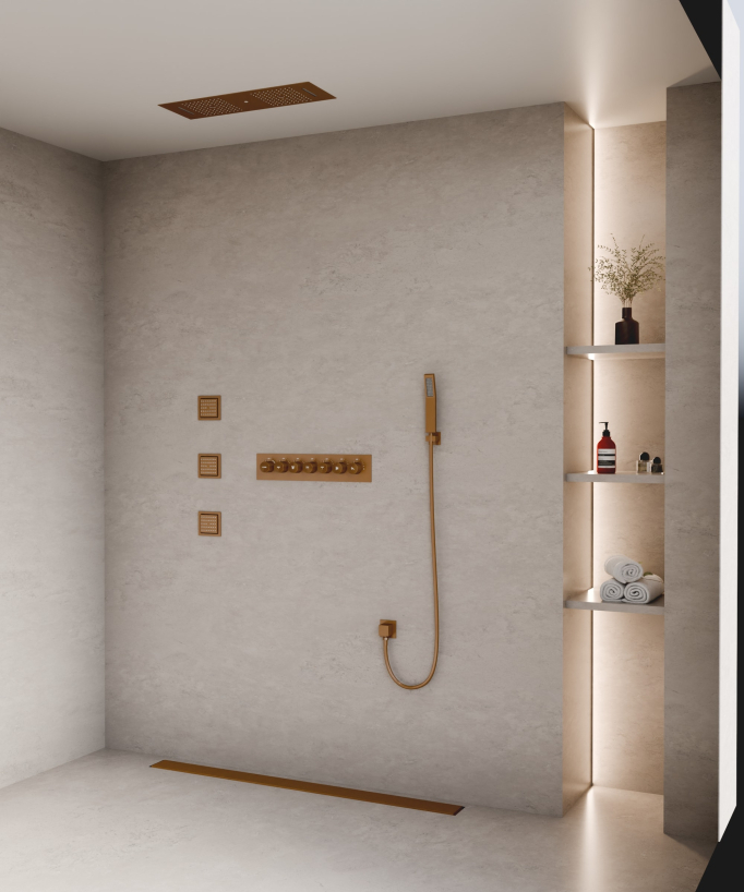 Modernes Duschsystem Thermostat Roségold gebürstet – LED Regendusche 900x300 mm, 3 Körperdüsen