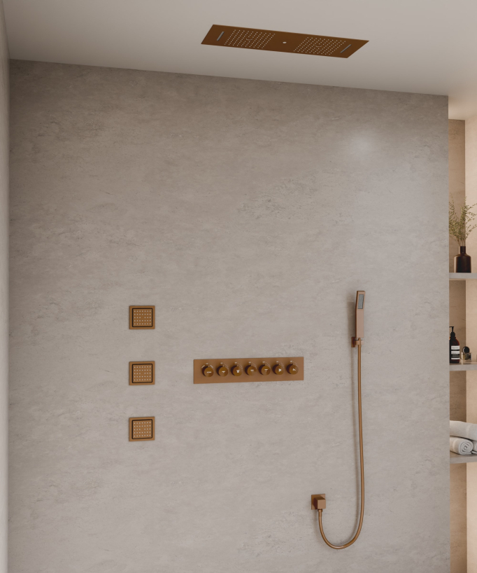 Modernes Duschsystem Thermostat Roségold gebürstet – LED Regendusche 900x300 mm, 3 Körperdüsen