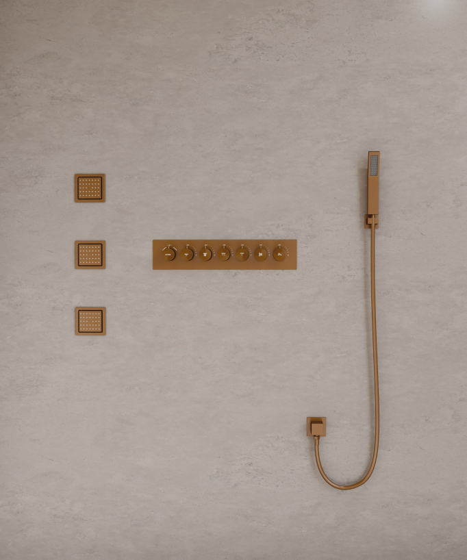 Modernes Duschsystem Thermostat Roségold gebürstet – LED Regendusche 900x300 mm, 3 Körperdüsen