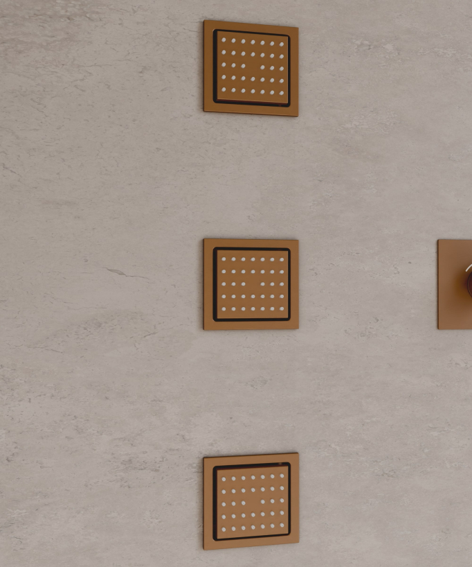 Modernes Duschsystem Thermostat Roségold gebürstet – LED Regendusche 900x300 mm, 3 Körperdüsen