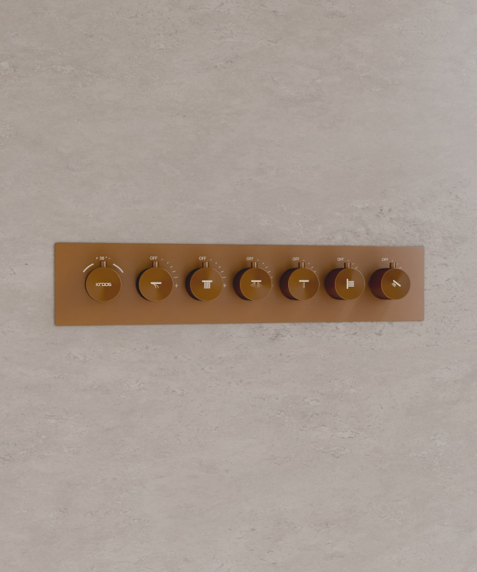 Modernes Duschsystem Thermostat Roségold gebürstet – LED Regendusche 900x300 mm, 3 Körperdüsen