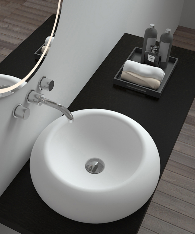 Runde Aufsatzwaschschale aus Solid Surface, mattweiß – Sibiti
