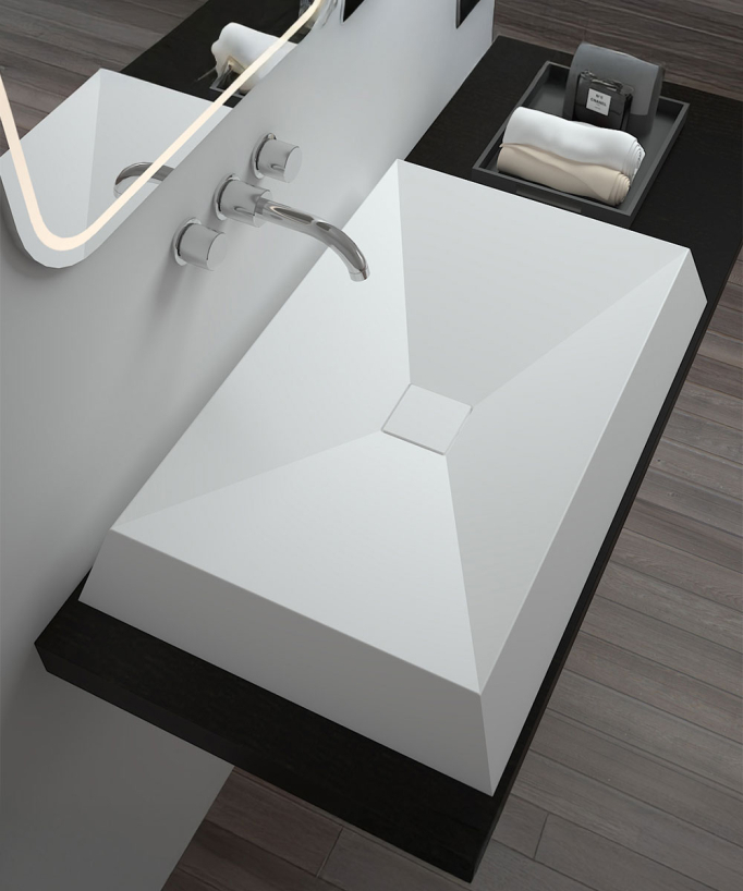 Rechteckiges Aufsatzwaschbecken Solid Surface Weiß matt – Madingou