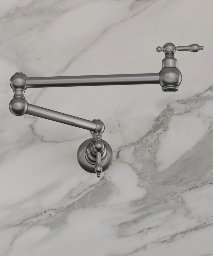 Wand-Küchenarmatur ausziehbar, Zweigriff, mit zwei Schwenkgelenken, Kaltwasser – Gebürstetes Nickel
