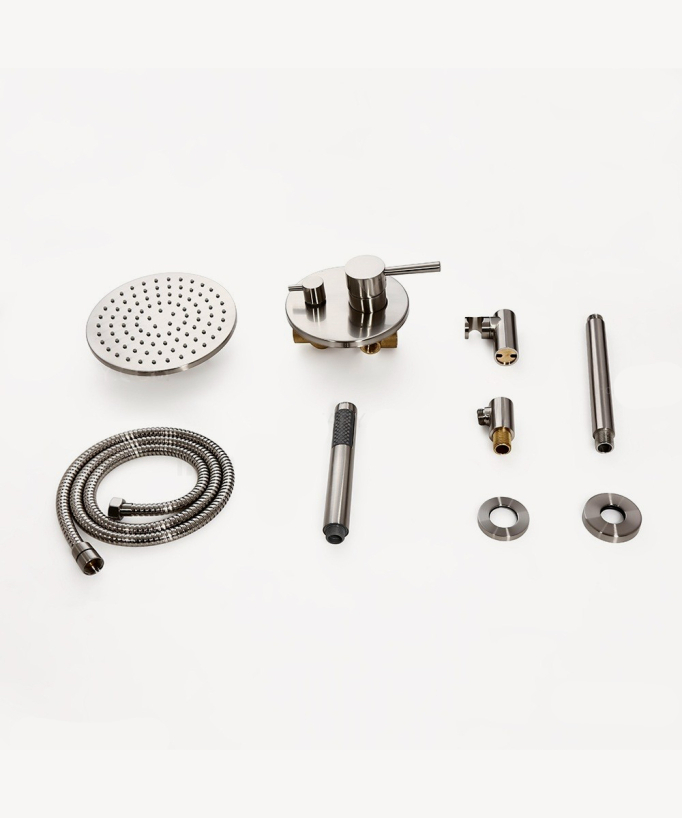 Unterputz-Thermostatdusche gebürstetes Nickel, Regendusche 200 mm Decke, Handbrause mit Wandhalter