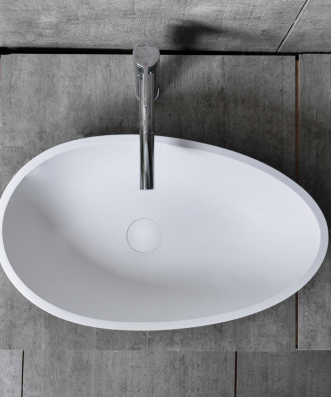 Moderne, ovale Aufsatz-Waschschale aus glänzendem weißem Mineralguss