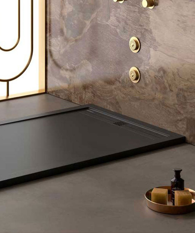 Duschwanne Schwarz, Glatt-Finish Stone CACH, farblich passender Ablaufrost