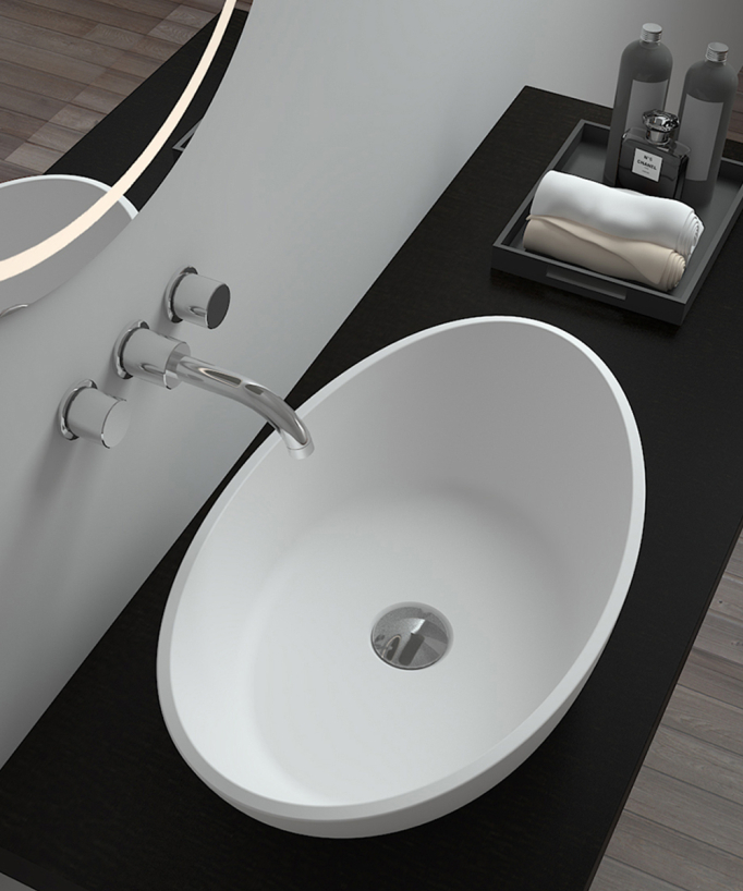 Ovales Aufsatzwaschbecken aus Solid Surface, Mattweiß - Loandjili