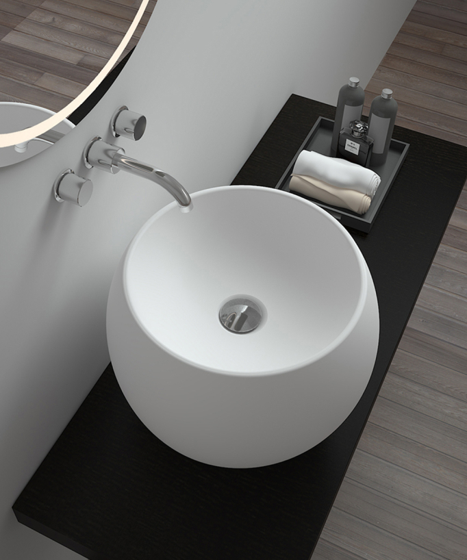 Runde Aufsatzwaschschale aus Solid Surface, mattweiß – Bukavu