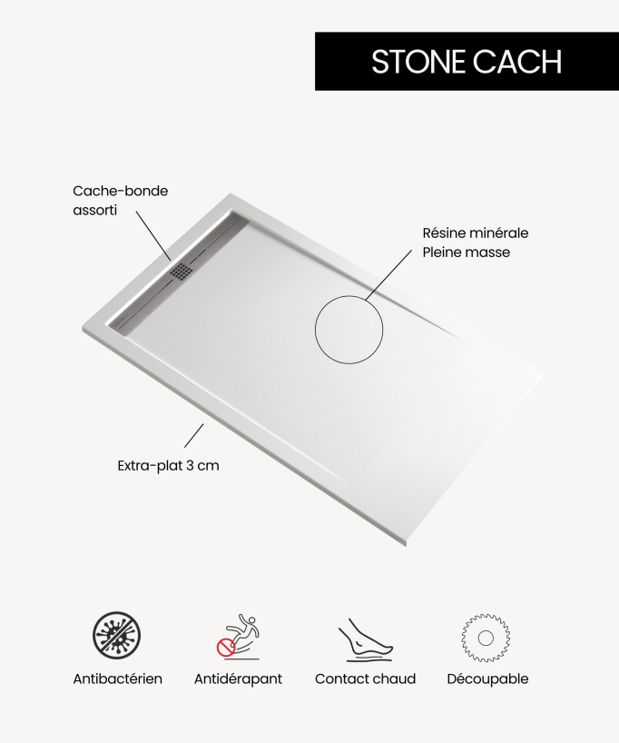 Duschwanne Schwarz, Glatt-Finish Stone CACH, farblich passender Ablaufrost