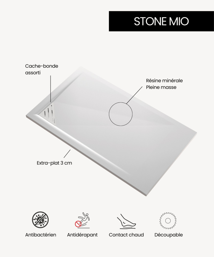 Duschwanne Creme, Glatt-Finish Stone MIO, farblich passender Ablaufrost