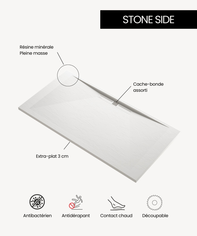Duschwanne Schwarz, Glatt-Finish Stone SIDE, farblich passender Ablaufrost