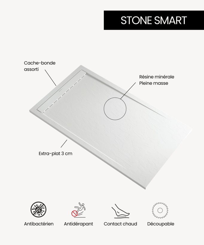 Duschwanne Weiß, Glatt-Finish Stone SMART, farblich passender Ablaufrost