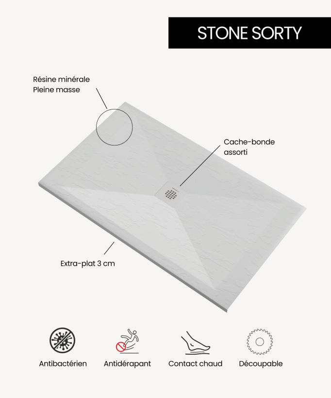 Duschwanne Grau 7035, Schieferoptik Stone SORTY, farblich passender Ablaufrost