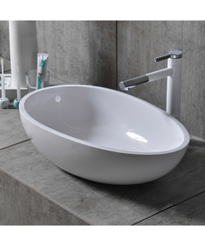 Ovales Waschbecken aus hochwertigem Gussmarmor, glänzend Weiß