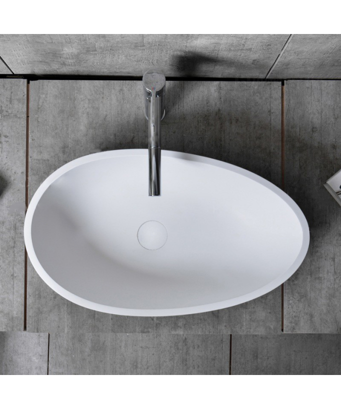 Ovales Waschbecken aus hochwertigem Gussmarmor, glänzend Weiß