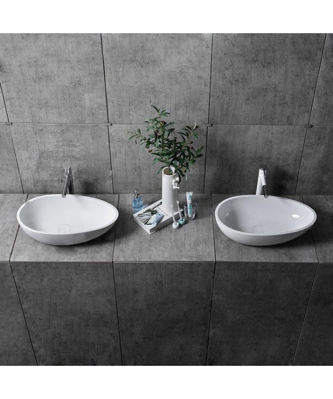 Ovales Waschbecken aus hochwertigem Gussmarmor, glänzend Weiß